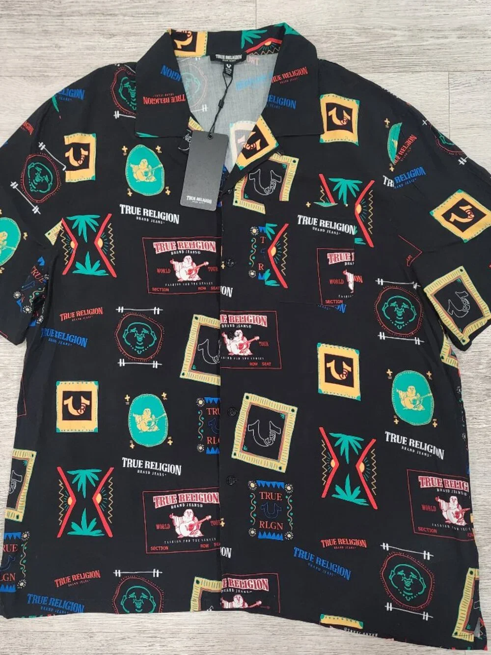 True Religion Camp Collared Resort Short Sleeve Shirt Men's XL Jet Black Buddha
